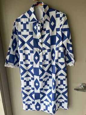 Vilagallo Blue and White Geometric Midi Dress